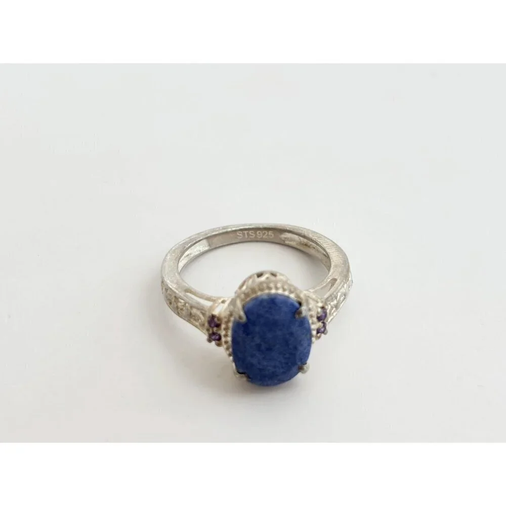 Lapis Lazuli Oval Cut Ornate Cutout Sterling Silver Vintage Ring - sz 4.75 - Picture 6 of 10